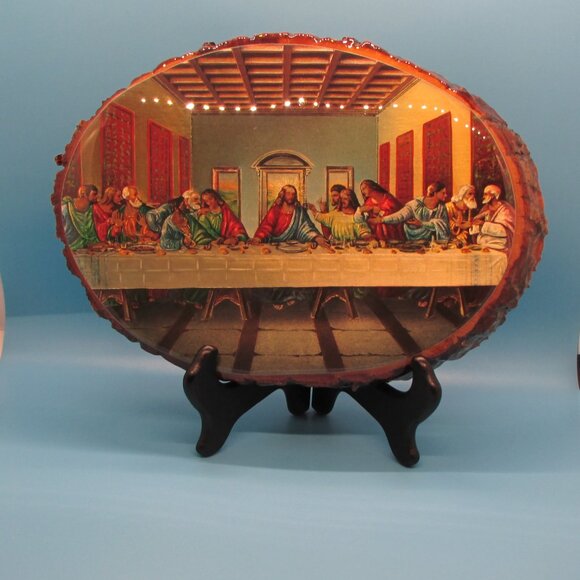 Last Supper Religious Plaque: Vintage Decoupage Live Edge Wood Slice - Picture 1 of 7